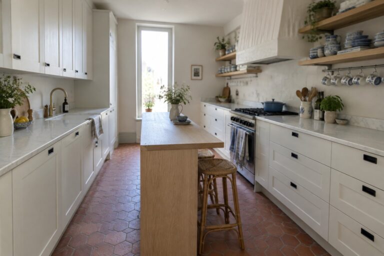 20 Fresh Scandinavian Kitchen Ideas Designed for Bright, Airy Spaces A bright kitchen with white cabinets, a light wood island, two woven stools, open shelving, and terracotta tile flooring.