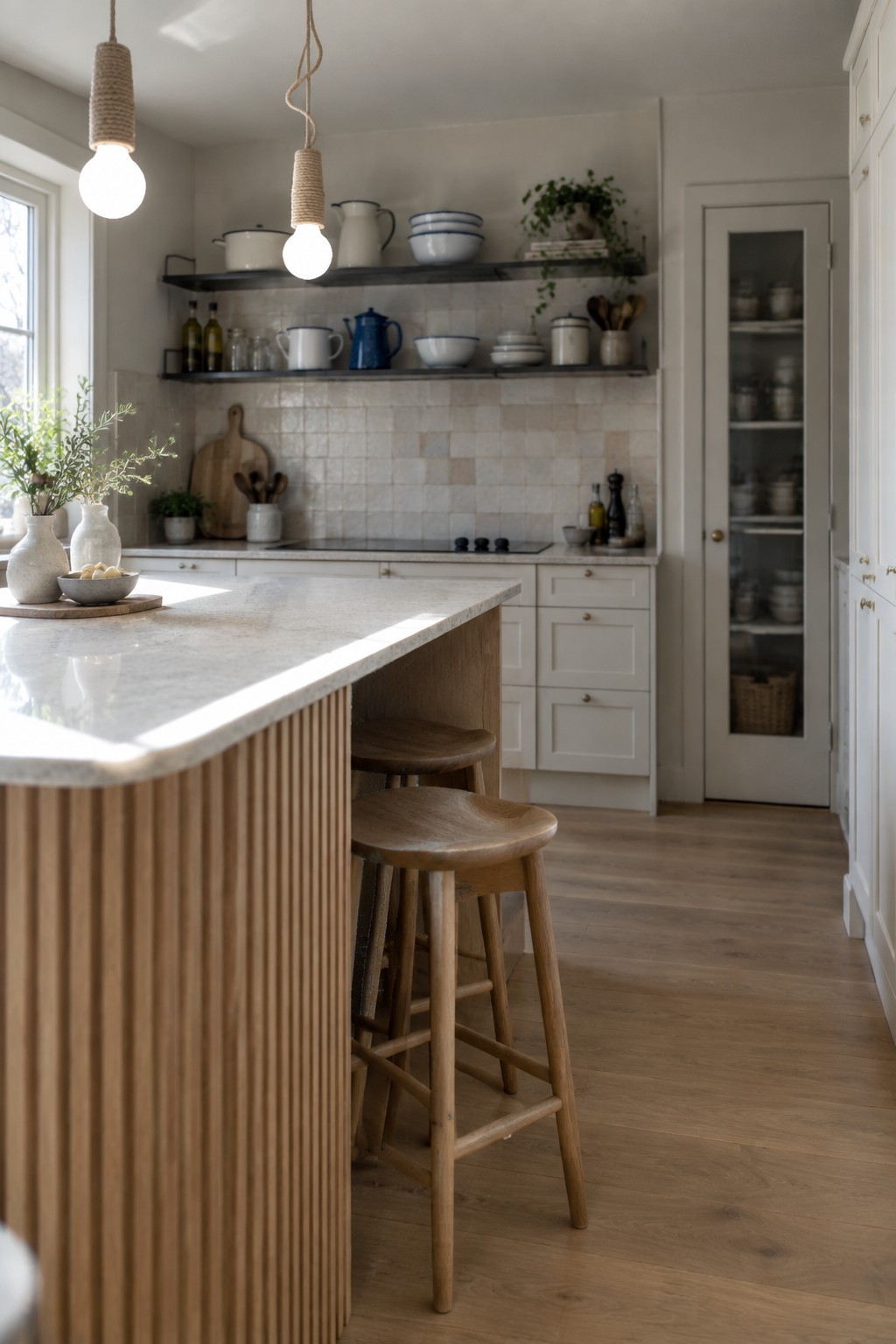 A bright kitchen with a marble-topped island that has a fluted wood base, two wooden stools tucked underneath, and open shelving along the back wall.