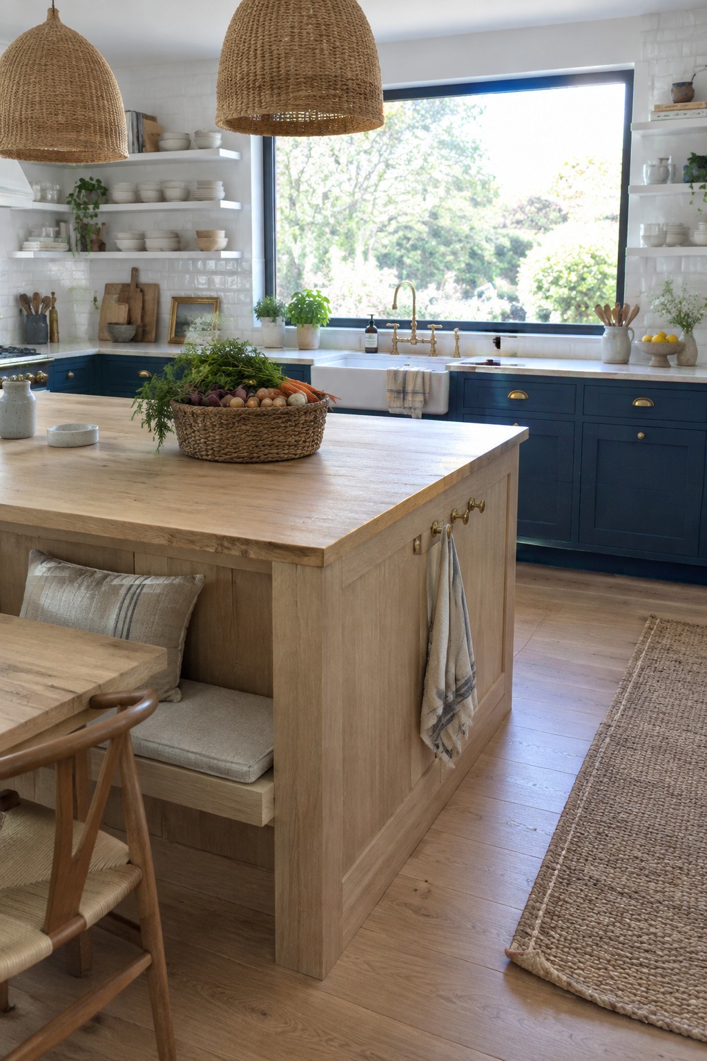 Rustic kitchen with wooden island, blue cabinets, woven lights, and vegetable basket