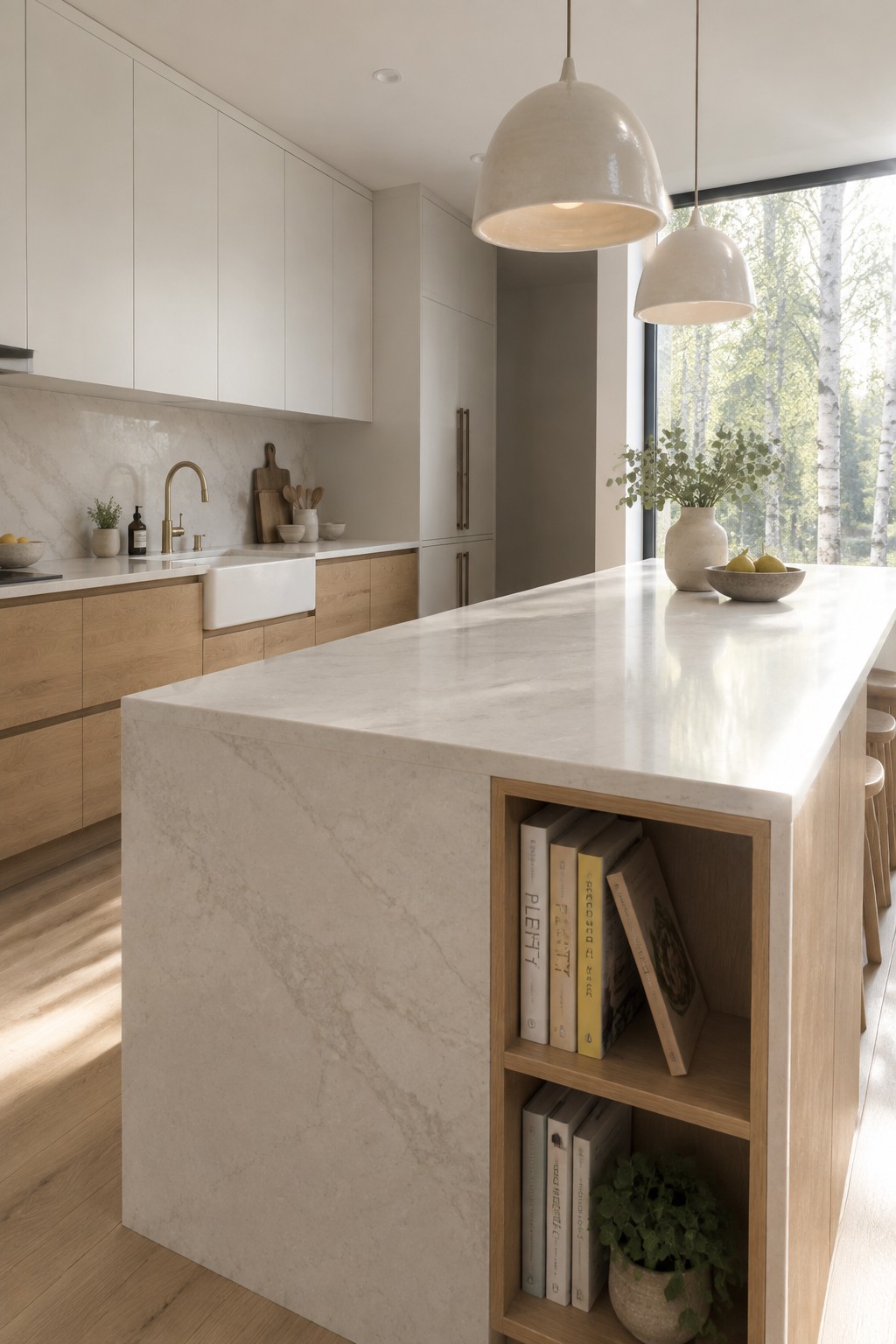 A bright kitchen featuring a marble-topped island with light wood open shelving on the side holding books and a potted plant, white upper cabinets, and a large window with a view of trees.