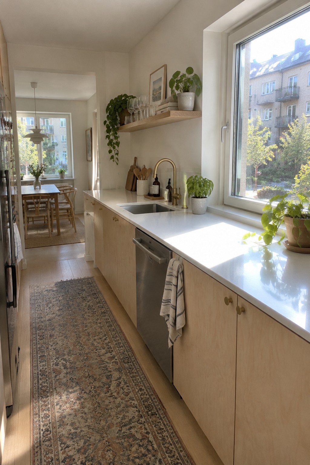 Modern kitchen with light wood cabinets, white countertop, gold faucet and window plants