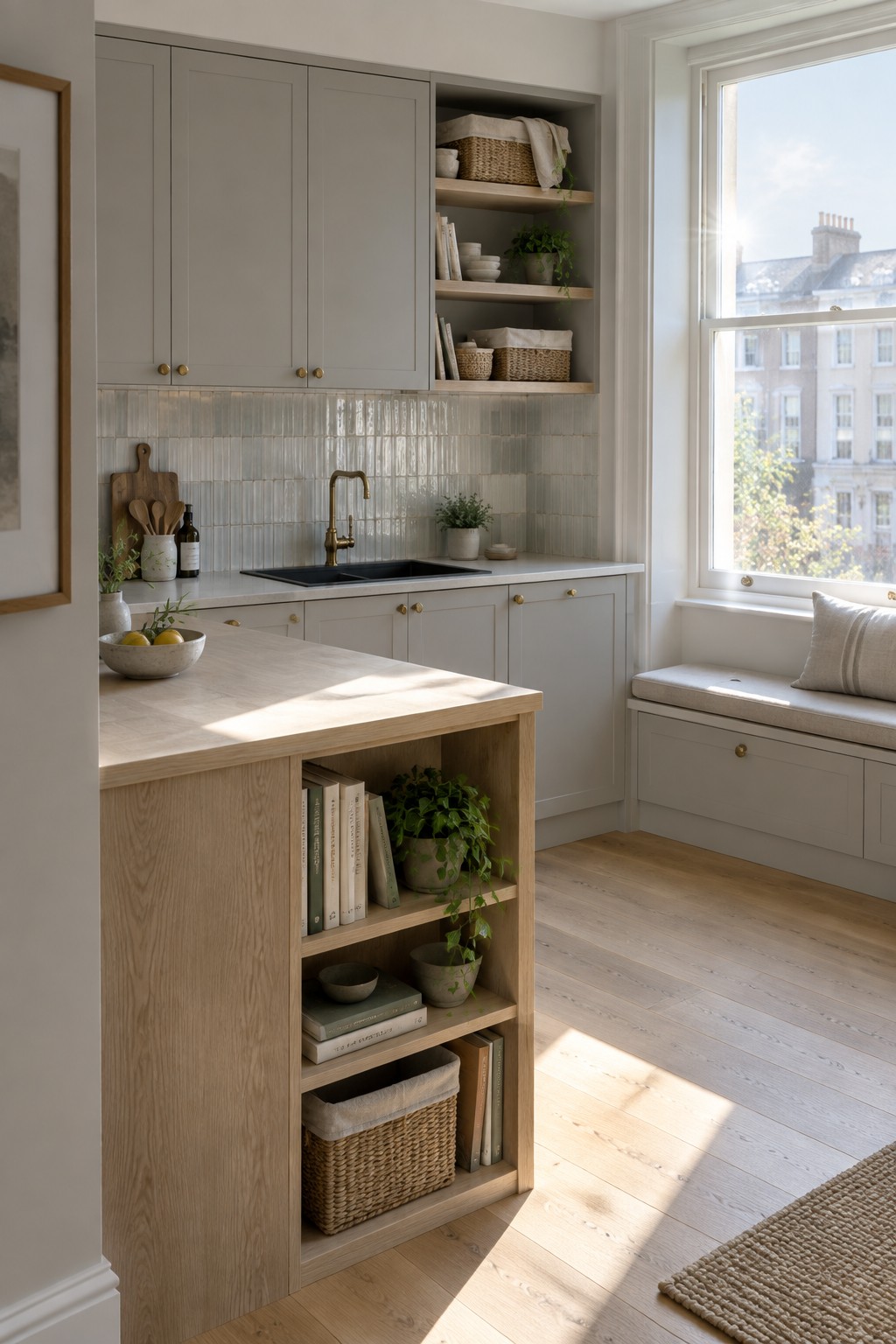 A bright Scandinavian kitchen featuring sage green cabinets, a light wood island with open lower shelves holding books and plants, open upper shelving, and a window bench.