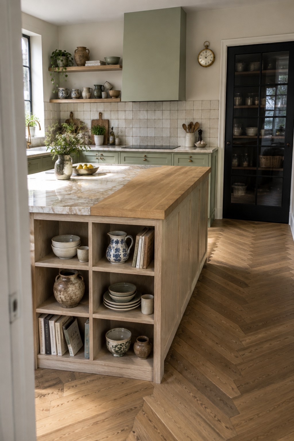 A bright kitchen with a large wooden island featuring open cubby shelves holding ceramic bowls, pitchers, and books, alongside sage green cabinets and a partial marble countertop.