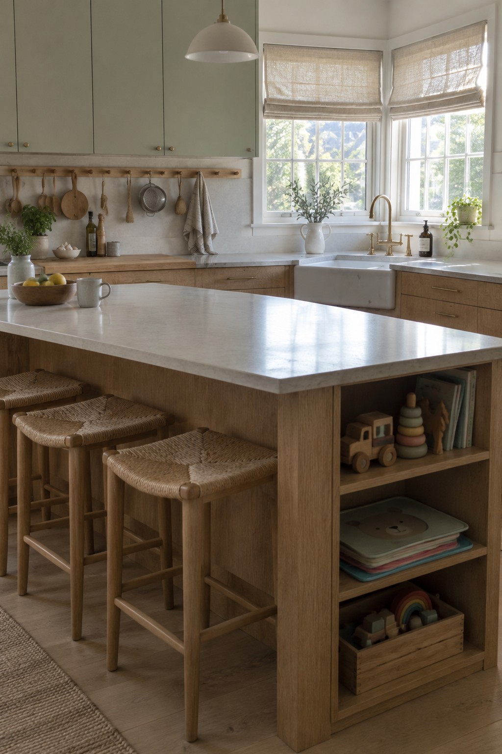 A bright kitchen with a light wood island that has open lower shelves holding children's toys, books, and a wooden crate, plus three woven stools tucked underneath.