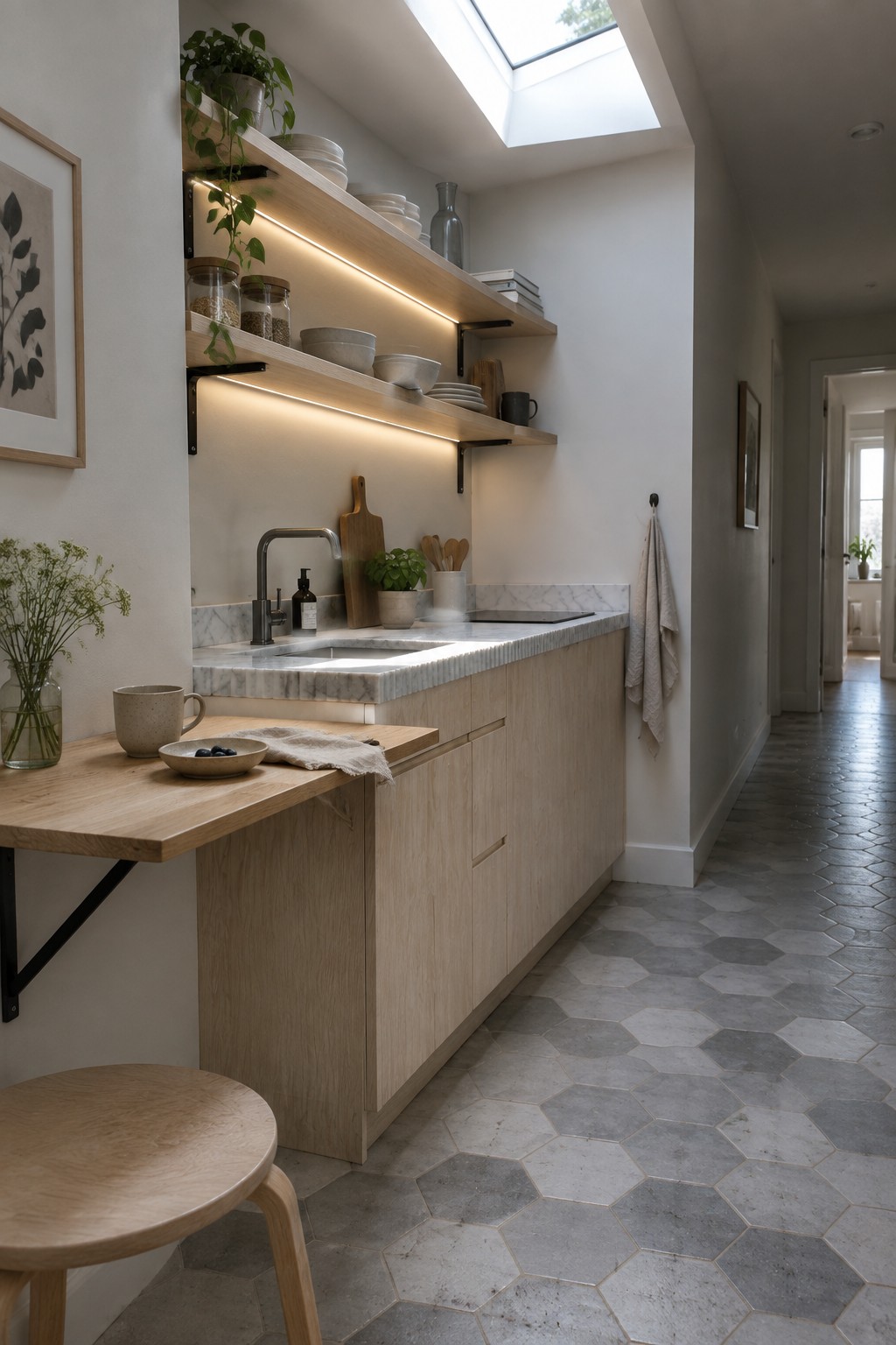 A narrow kitchen with light wood cabinets, marble countertops, open wooden shelves with under-shelf lighting, and a wall-mounted wooden table extension.