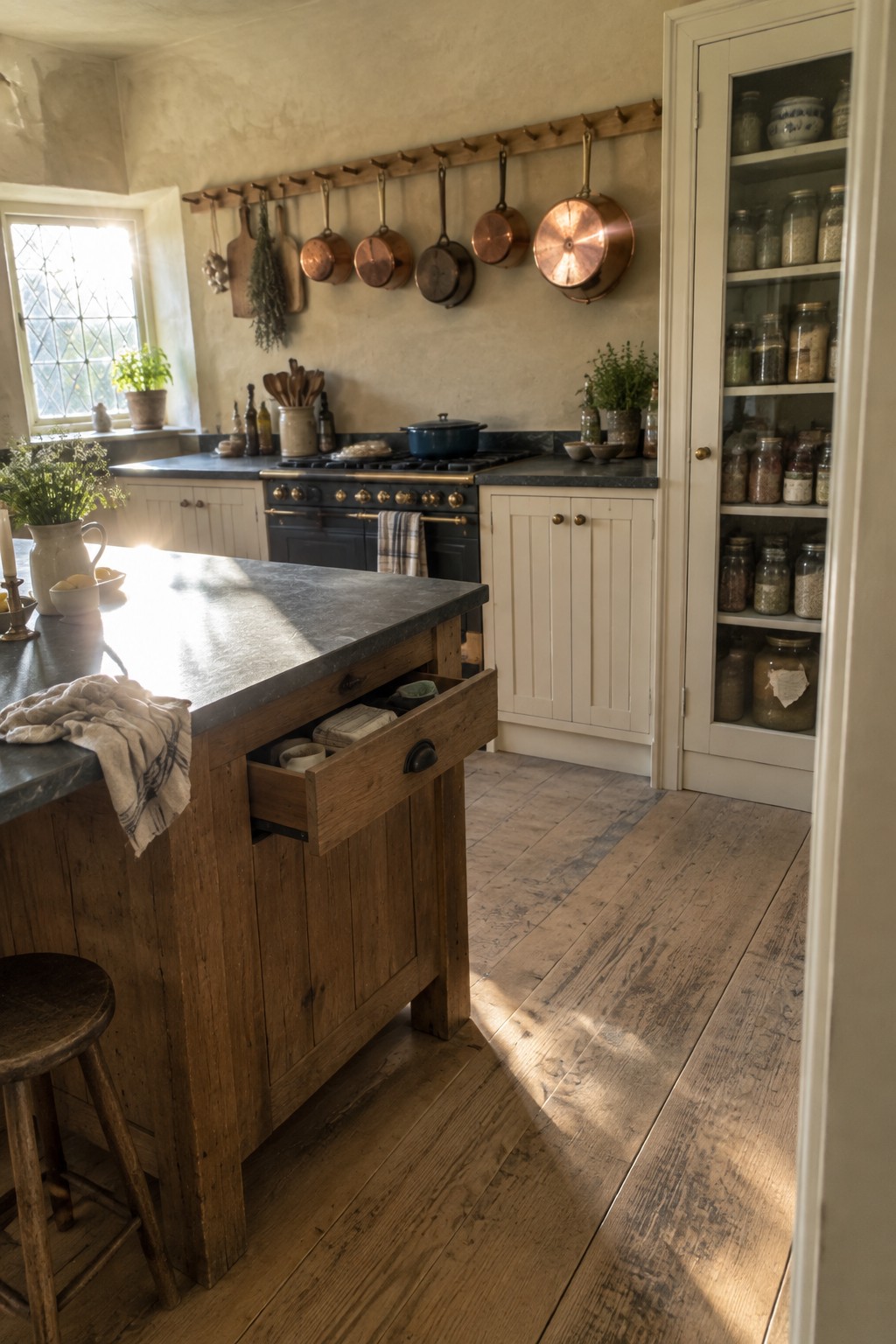 A rustic kitchen with a wooden island, open drawer showing folded cloths and small bowls, dark stone countertop, hanging copper pots, white cabinets, and a tall pantry cabinet filled with glass jars.