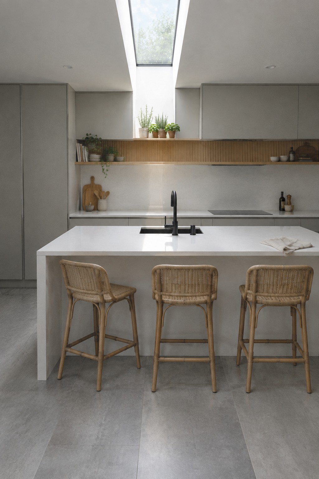 A bright Scandinavian kitchen featuring a large white island with three woven rattan bar stools underneath a skylight.