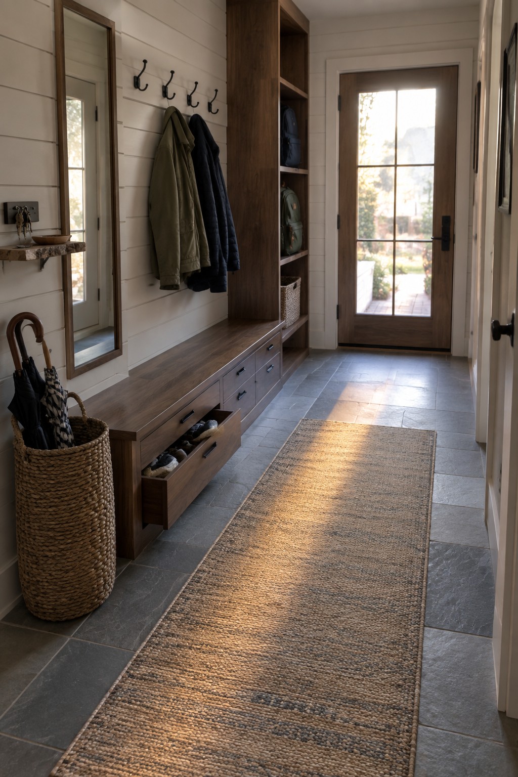 Modern mudroom with wooden bench, hanging coats, open drawers, mirror, and jute runner