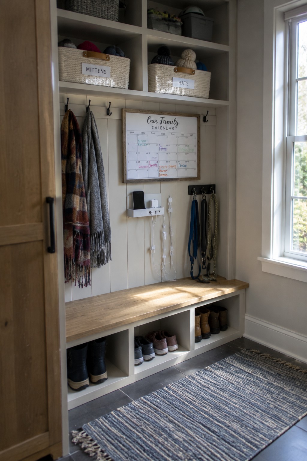 A built-in mudroom with a wooden bench, cubby storage holding shoes and boots, wall hooks with coats and leashes, upper baskets, and a family calendar mounted on the wall.