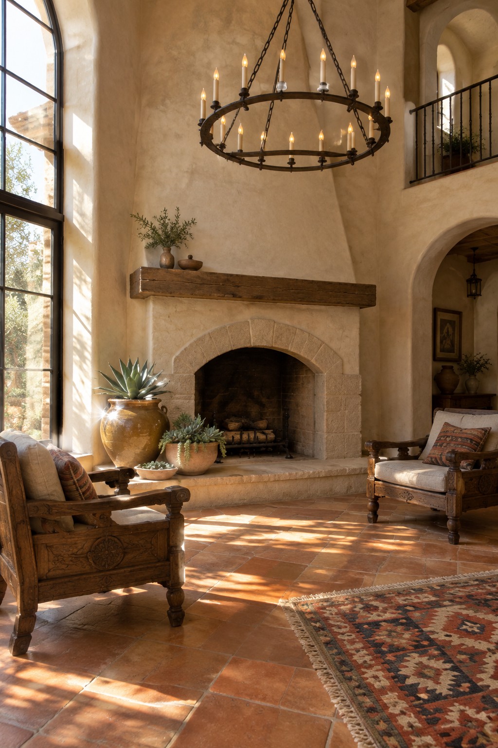 A high-ceiling living room with a large circular chandelier, stone fireplace, wooden furniture, and terracotta tile floor.