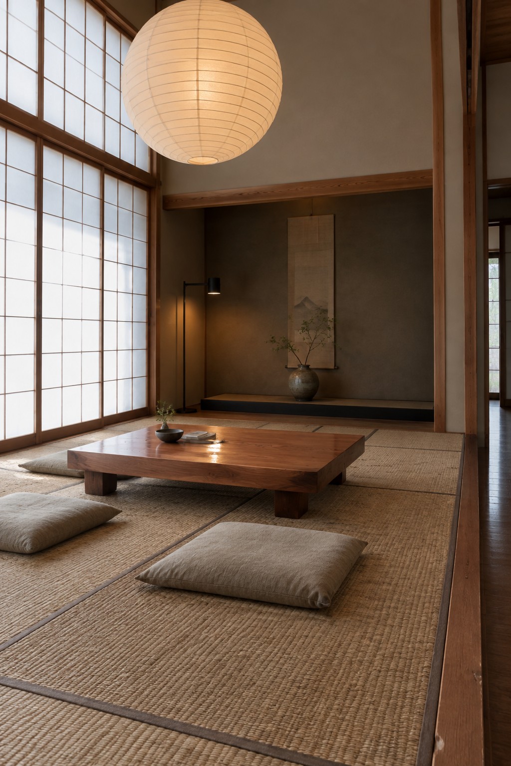 A Japanese-style living room with tatami mats, a low wooden table, floor cushions, shoji screens, and a large spherical paper lantern hanging from the ceiling.