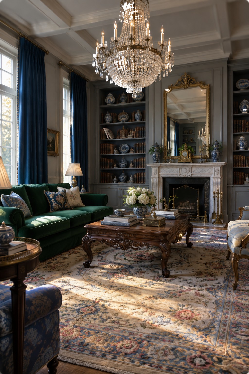 A traditional living room with a large crystal chandelier suspended from a high ceiling above a wooden coffee table, green velvet sofa, and patterned rug.