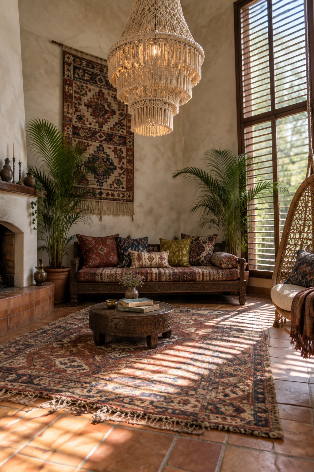 Bohemian lounge with macrame chandelier, carved daybed, patterned rugs, and potted palms
