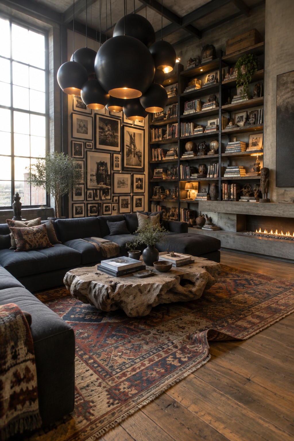 Industrial living room with dark sectional sofa, rustic wood table, black globe lights, bookshelves