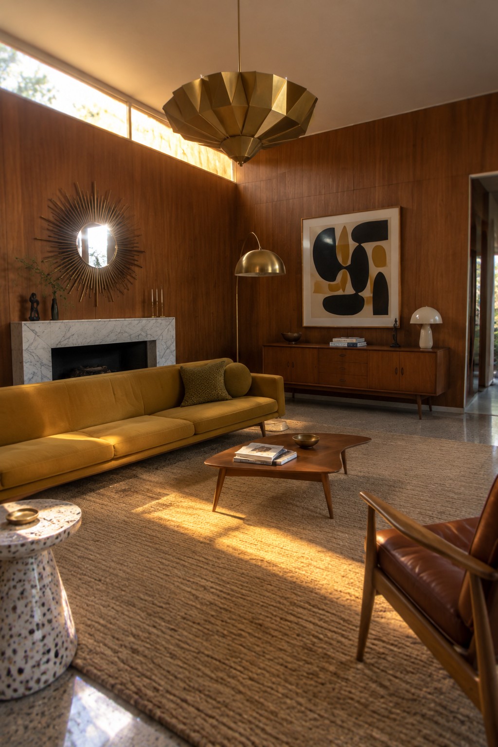 A living room with high ceilings, wood paneled walls, a yellow sofa, marble fireplace, and a large faceted gold pendant light.
