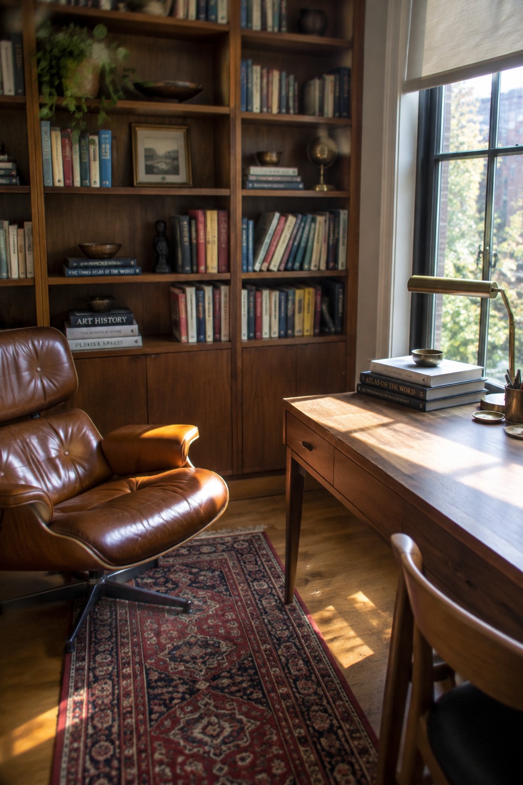 Leather armchair and wooden desk in sunlit study with bookshelves and patterned rug