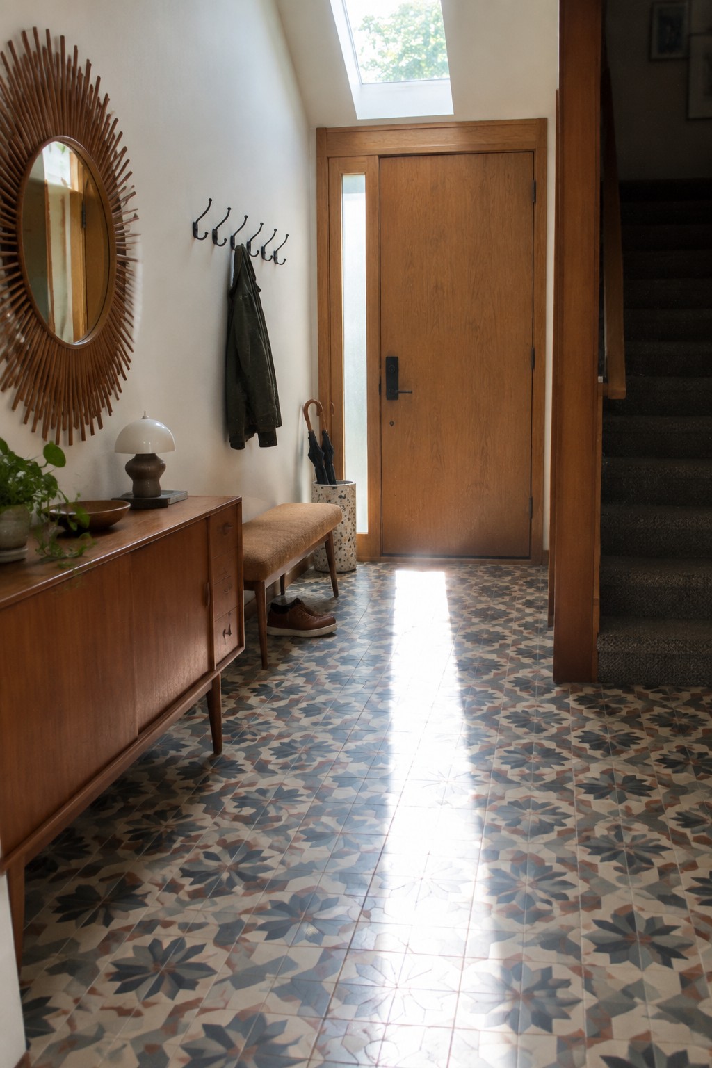 Sunlit entryway with patterned tile floor, wooden door, sunburst mirror, and coat hooks.