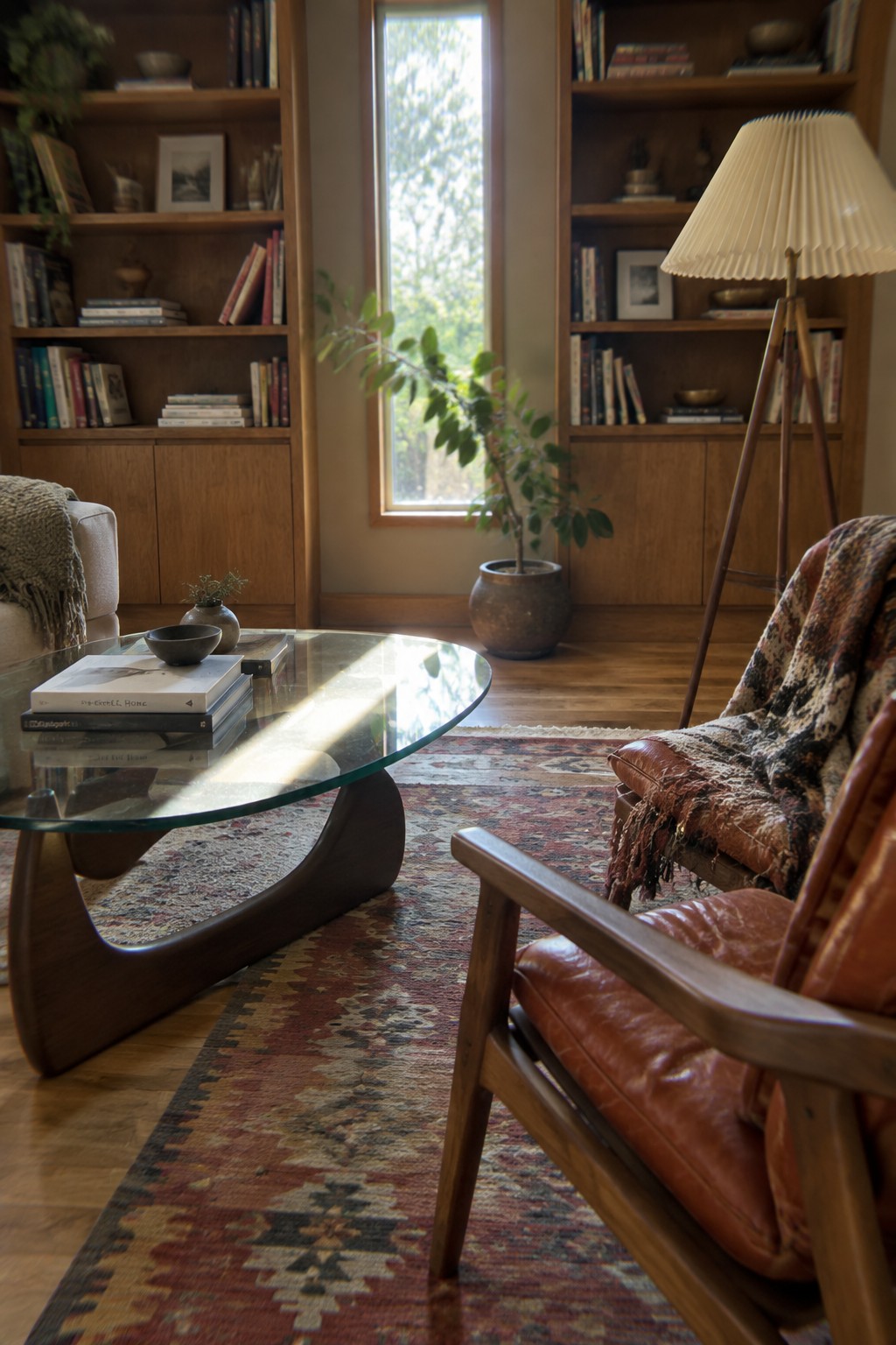 Cozy living room with brown leather armchair, glass coffee table, patterned rug, and bookshelves.