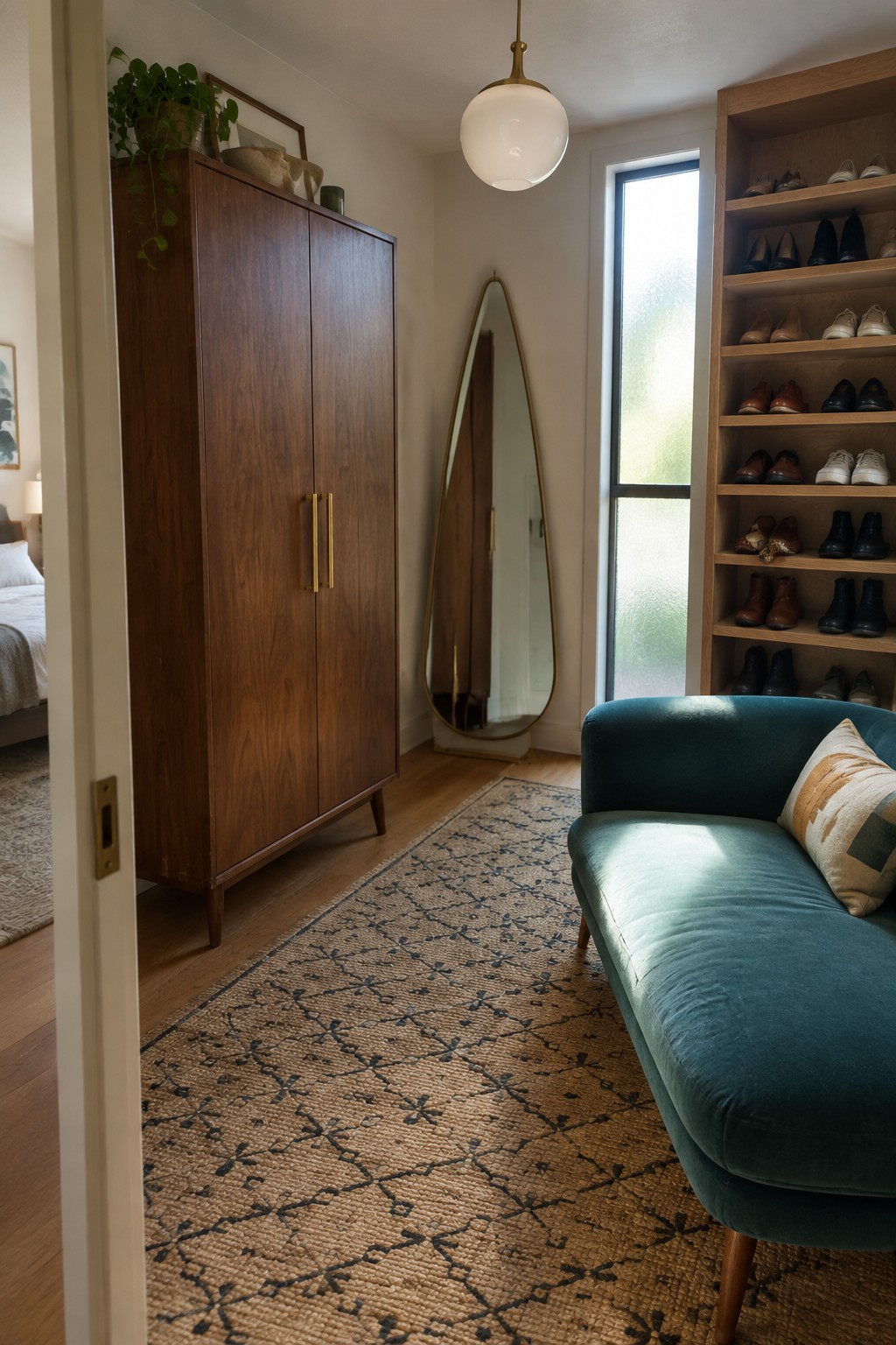 A room interior with a teal curved sofa, tall wooden wardrobe, oval floor mirror, pendant light, and built-in wooden shelves filled with rows of shoes.