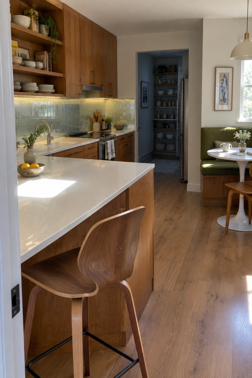 Modern kitchen with walnut island, white countertop, wooden bar stool, and green dining nook.