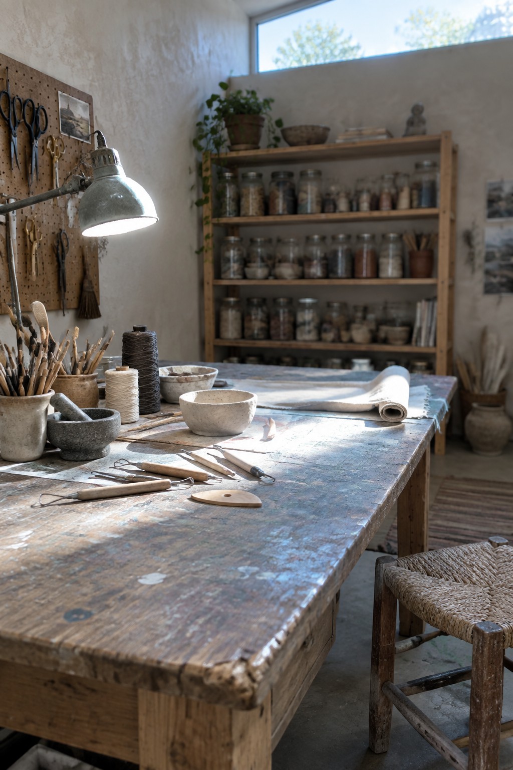 Weathered wooden workbench in sunlit craft studio with pottery tools, threads, and jars