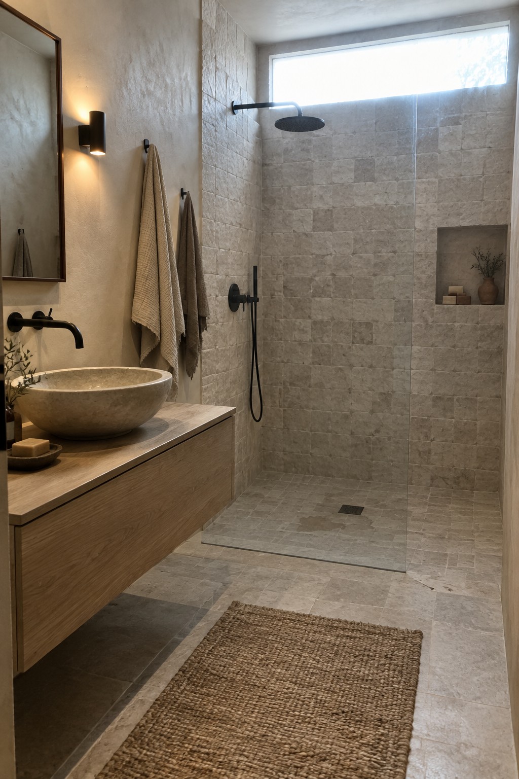 Modern bathroom with stone vessel sink, wood vanity, black fixtures, and woven rug