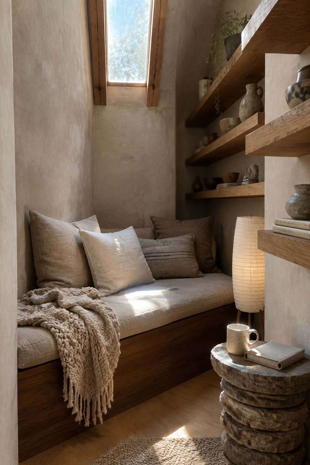 An interior view of a recessed wooden bench with neutral cushions and a chunky knit throw, positioned beneath a small window, next to a stacked stone side table with a mug and book.