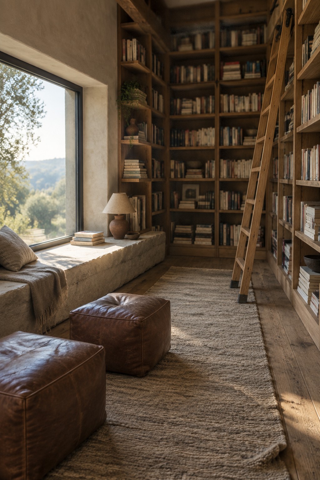 An interior room with floor-to-ceiling wooden bookshelves, a built-in window seat holding books and a lamp, two brown leather poufs on a woven rug, and a wooden ladder leaning against the shelves.