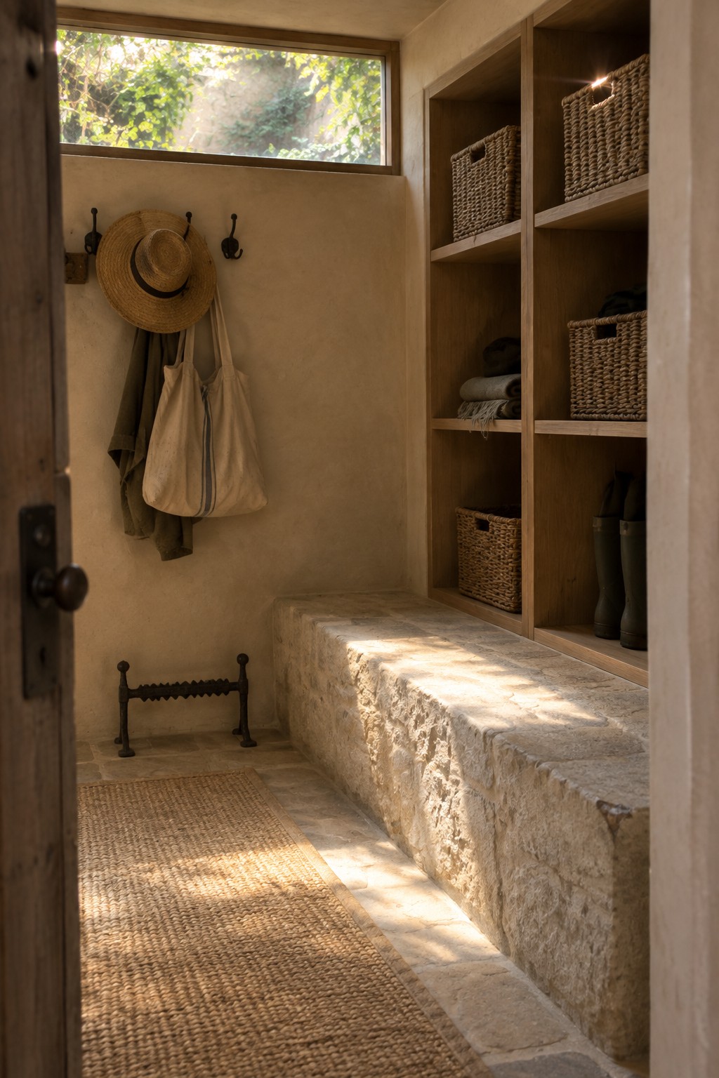 Sunlit rustic mudroom with stone bench, wooden shelves, woven baskets, straw hat and boots.