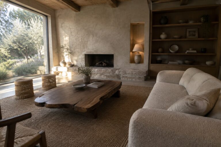 A living room interior featuring a large plaster fireplace wall with a stone hearth, an arched niche holding a lamp, built-in wooden shelves, and a wooden coffee table on a woven rug.