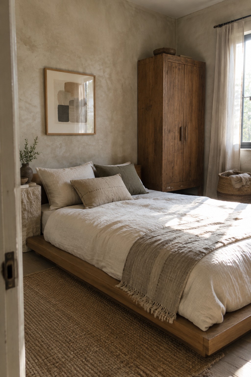 A bedroom with a low wooden platform bed covered in neutral linens, a tall wooden wardrobe against a plaster wall, a stone nightstand, and a woven rug on the floor.