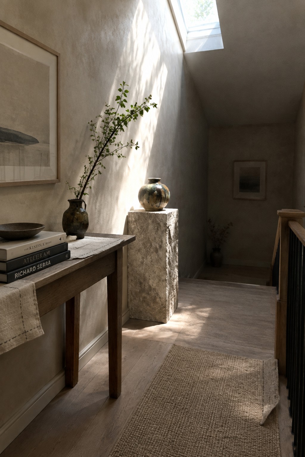 A sunlit interior hallway with plaster walls, a wooden console table holding books and vessels, a rough stone pedestal with a ceramic vase, and a woven rug on the floor.