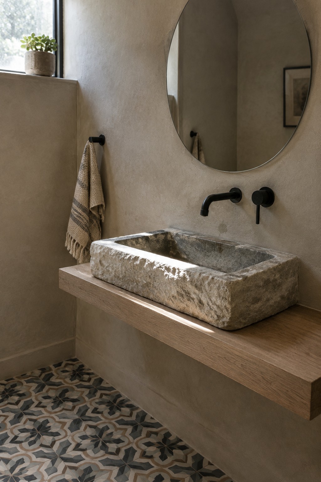 A bathroom shows a rectangular rough stone sink on a light wood floating counter beneath a round mirror, with black wall-mounted faucet and plaster walls.
