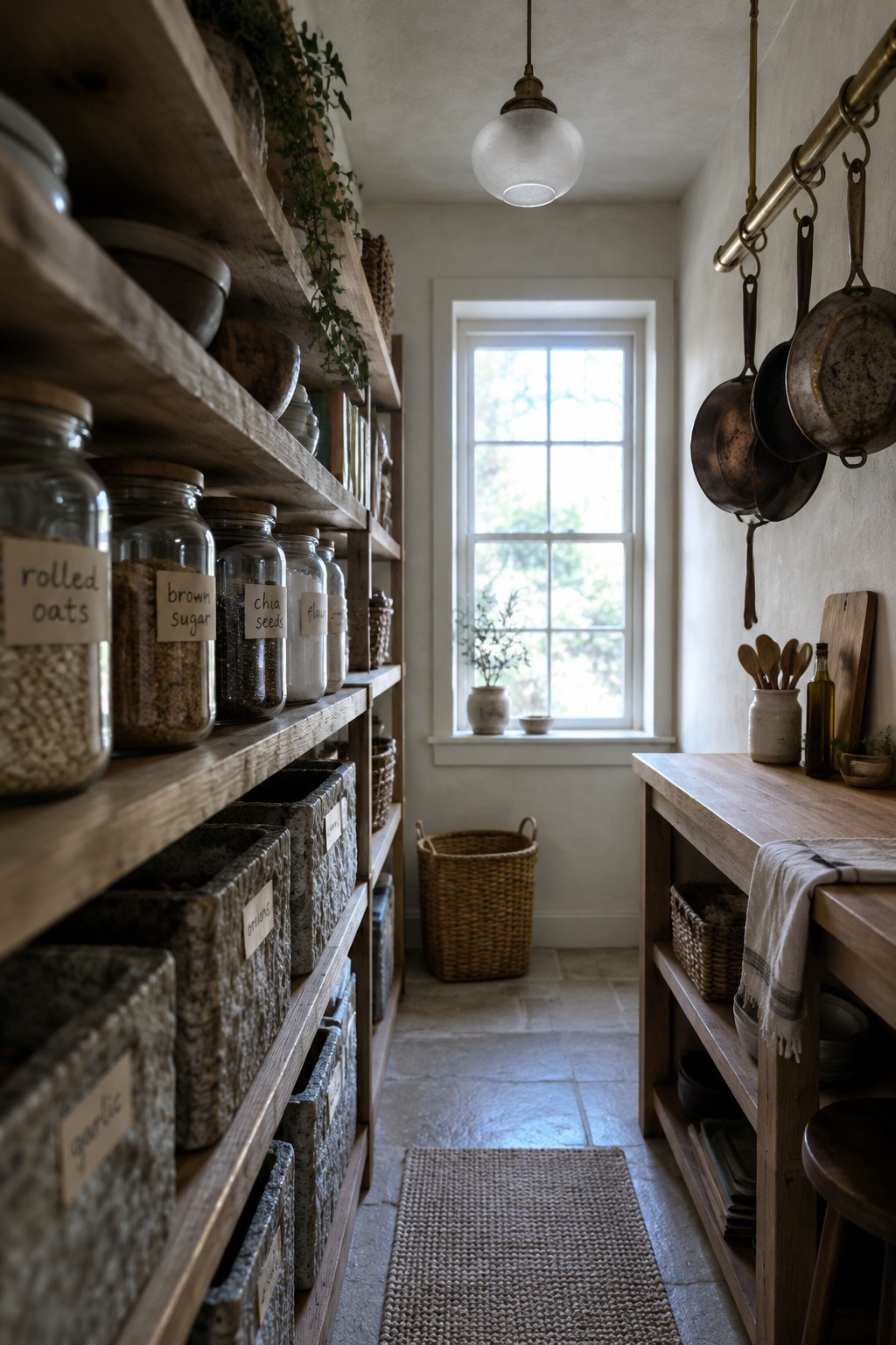 A narrow interior pantry with wooden open shelves holding labeled glass jars and stone bins on the left, a window at the far end, and a wooden counter with hanging pots on the right.