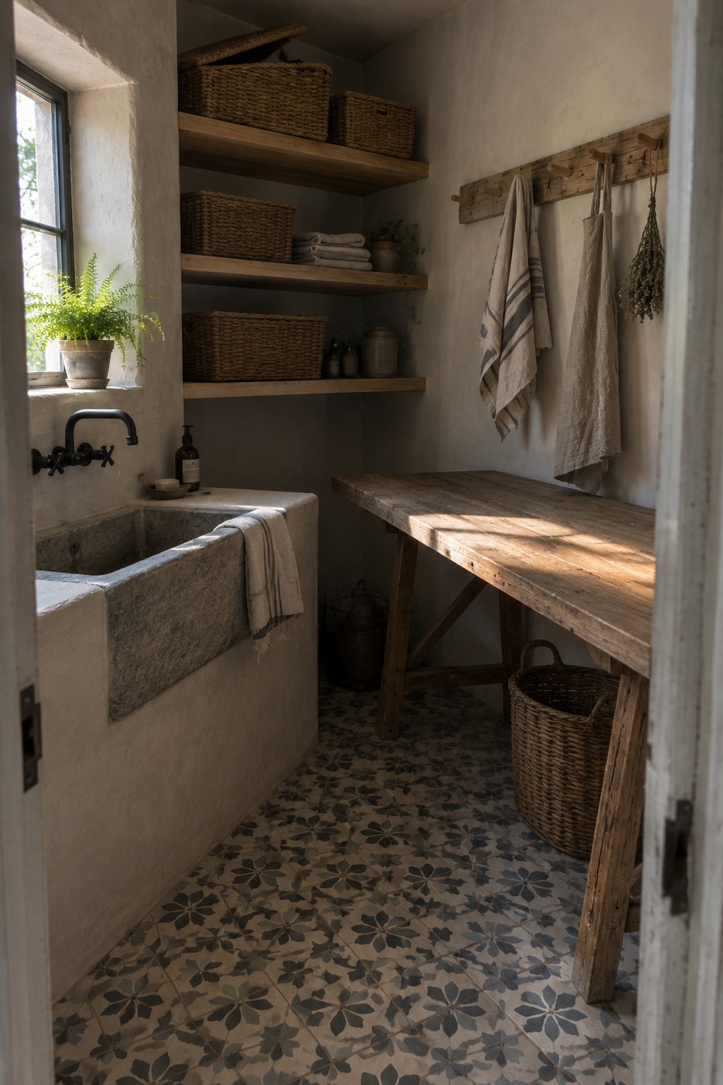 Rustic utility room with stone sink, wooden shelves holding baskets, and patterned tile floor.