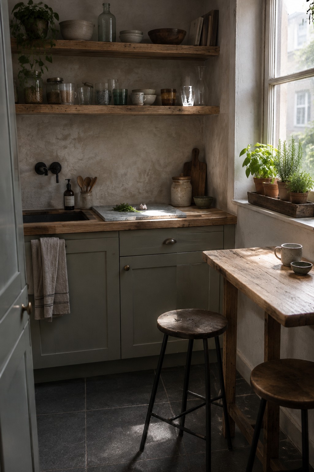 Rustic kitchen with wooden shelves, green cabinets, cutting board, stool, and herb-filled windowsill