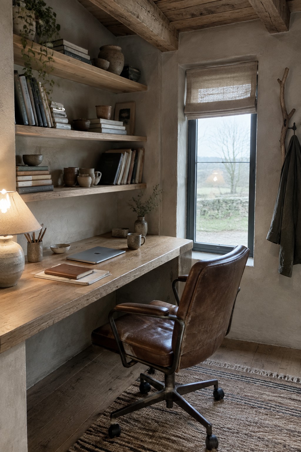 Rustic wooden desk with brown leather chair, bookshelves, and window in a cozy study