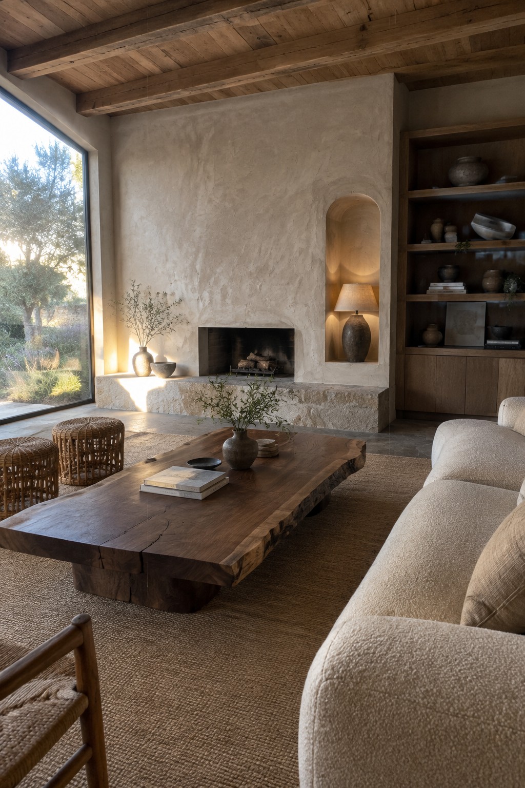 A living room interior featuring a large plaster fireplace wall with a stone hearth, an arched niche holding a lamp, built-in wooden shelves, and a wooden coffee table on a woven rug.
