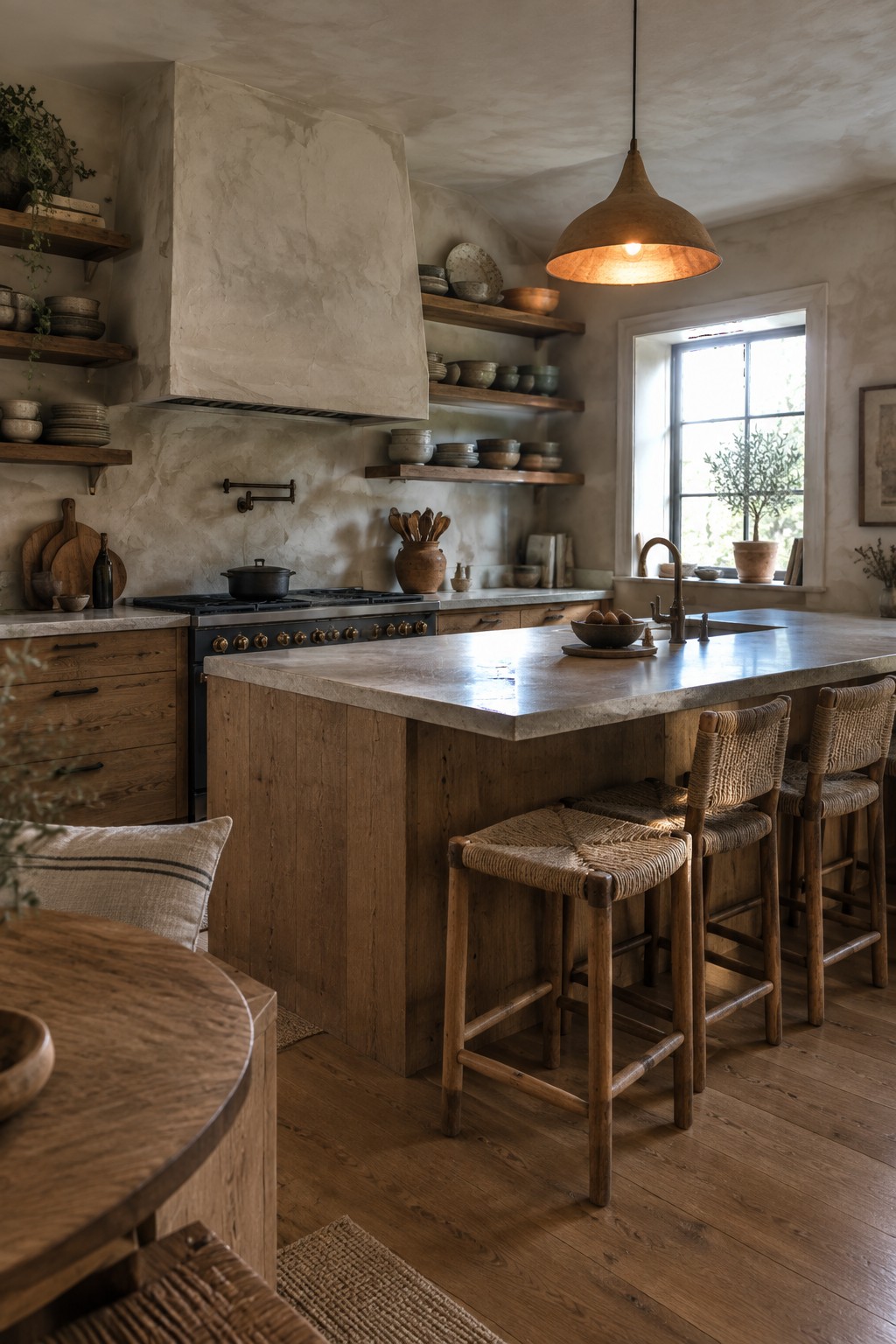 Rustic kitchen with wooden island, woven bar stools, and open pottery shelves.