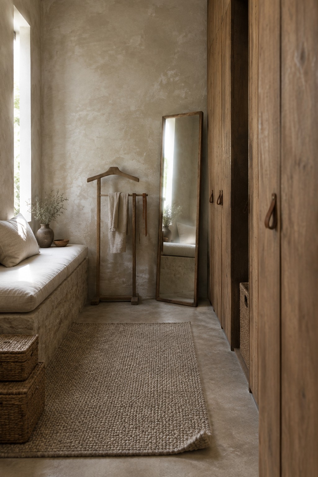 A narrow interior hallway with textured plaster walls, a low built-in stone bench with cushions, a wooden wardrobe, a full-length mirror, a wooden valet stand, and a woven jute rug on the floor.