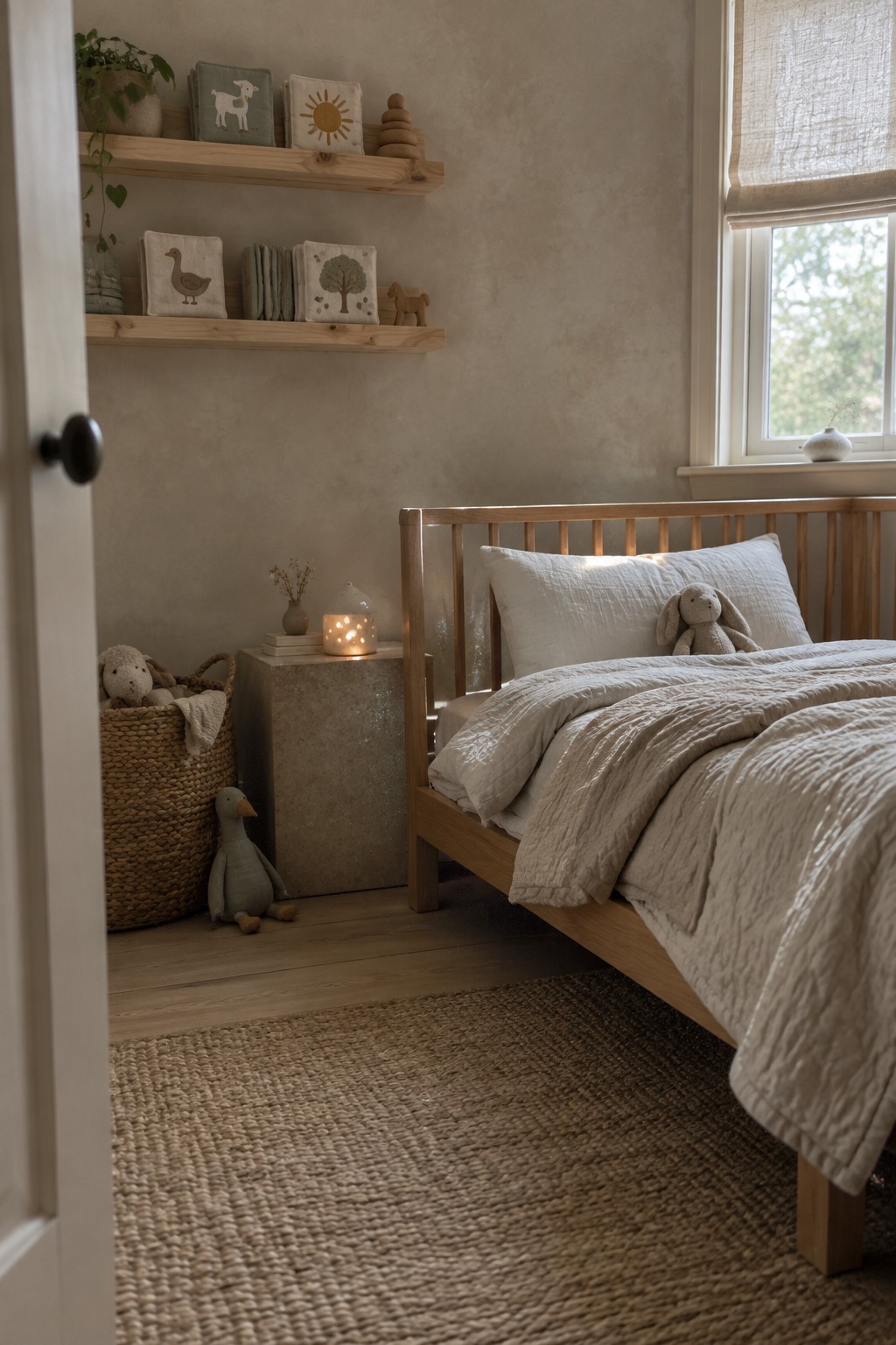 A child's bedroom with a wooden bed, white bedding, floating wooden shelves on a plaster wall, a stone nightstand, and a woven rug on the floor.