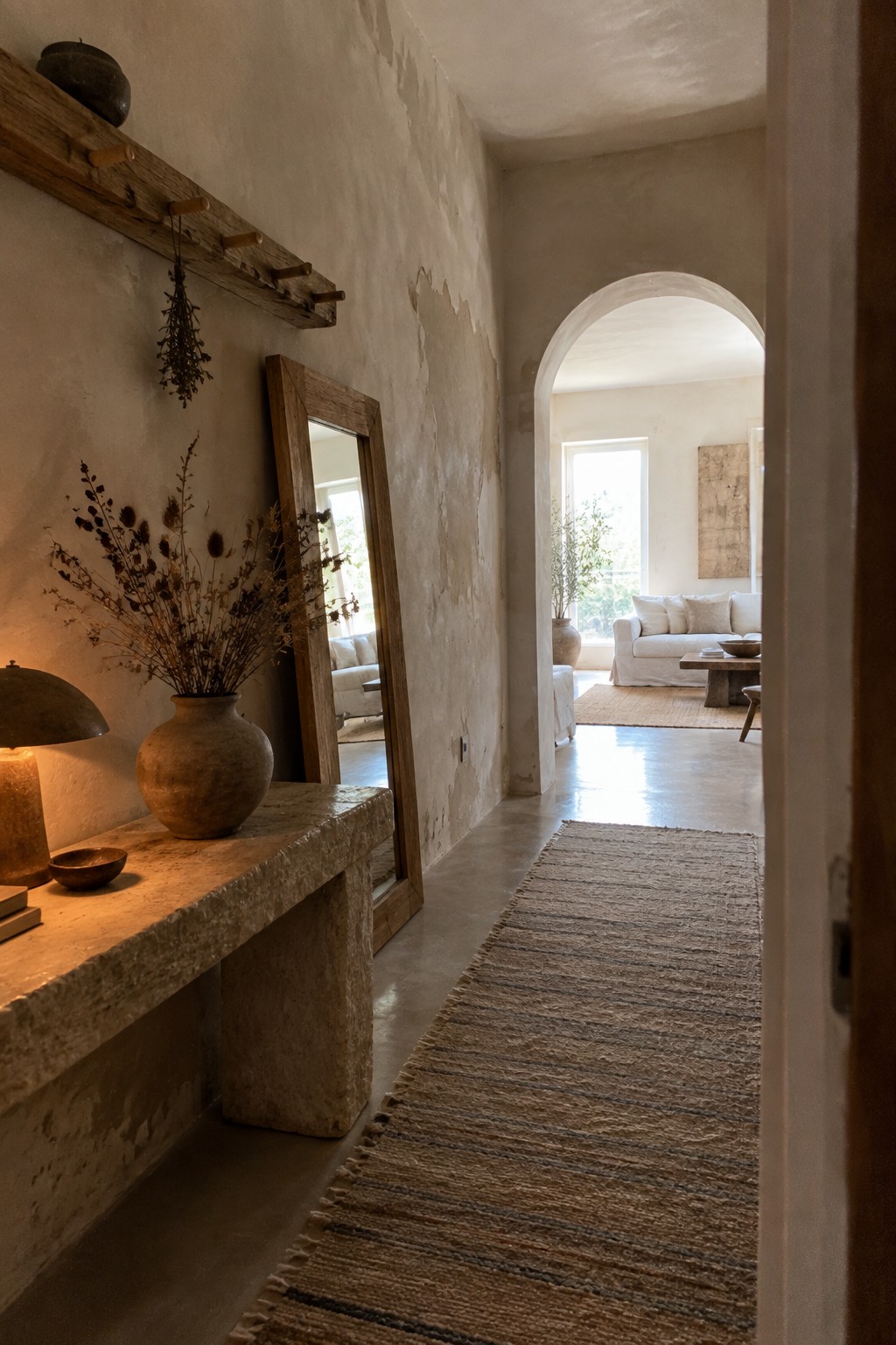Rustic hallway with stone bench, dried flowers, wooden mirror, and woven runner rug