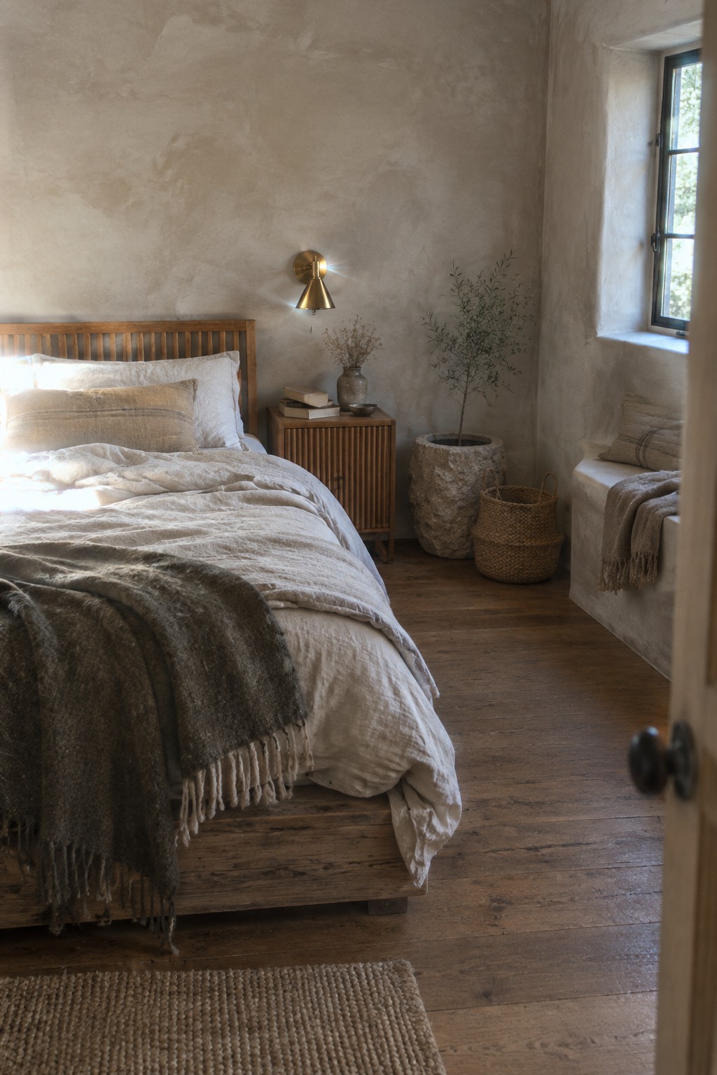 A bedroom featuring textured plaster walls, a wooden bed with rumpled white and beige linen bedding, a wooden nightstand holding books, a brass wall sconce, a large stone planter with greenery, and a woven basket on dark wood flooring.