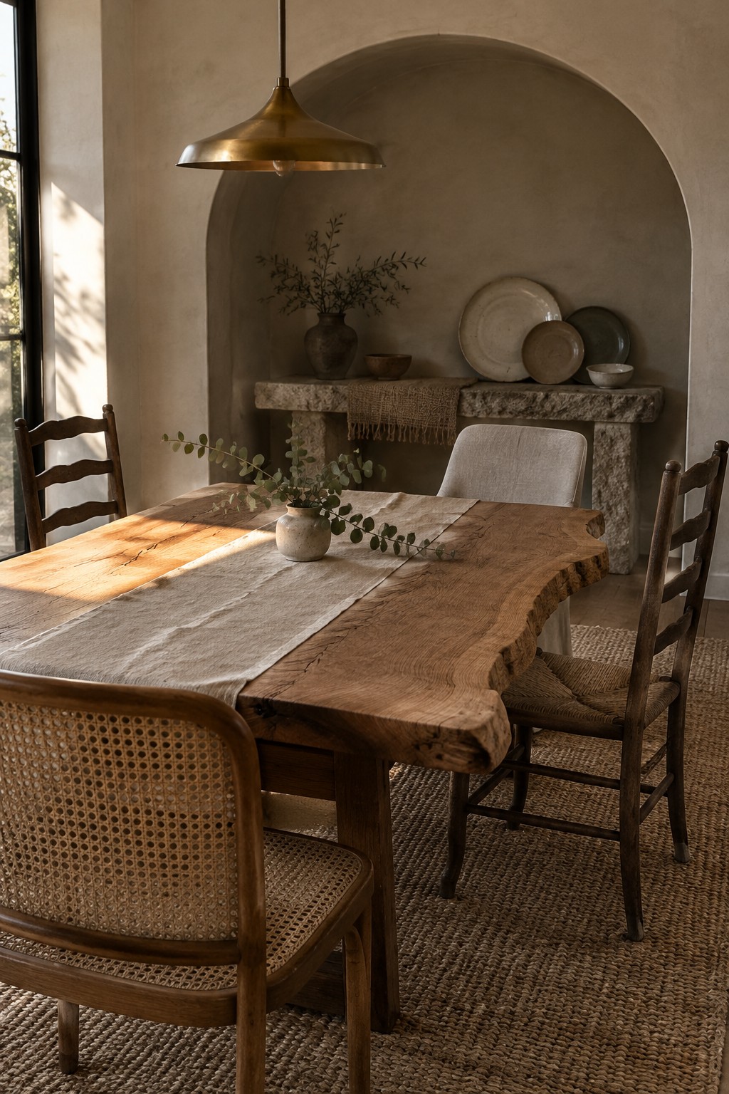 Rustic live-edge wood table with mixed chairs beside stone niche holding pottery