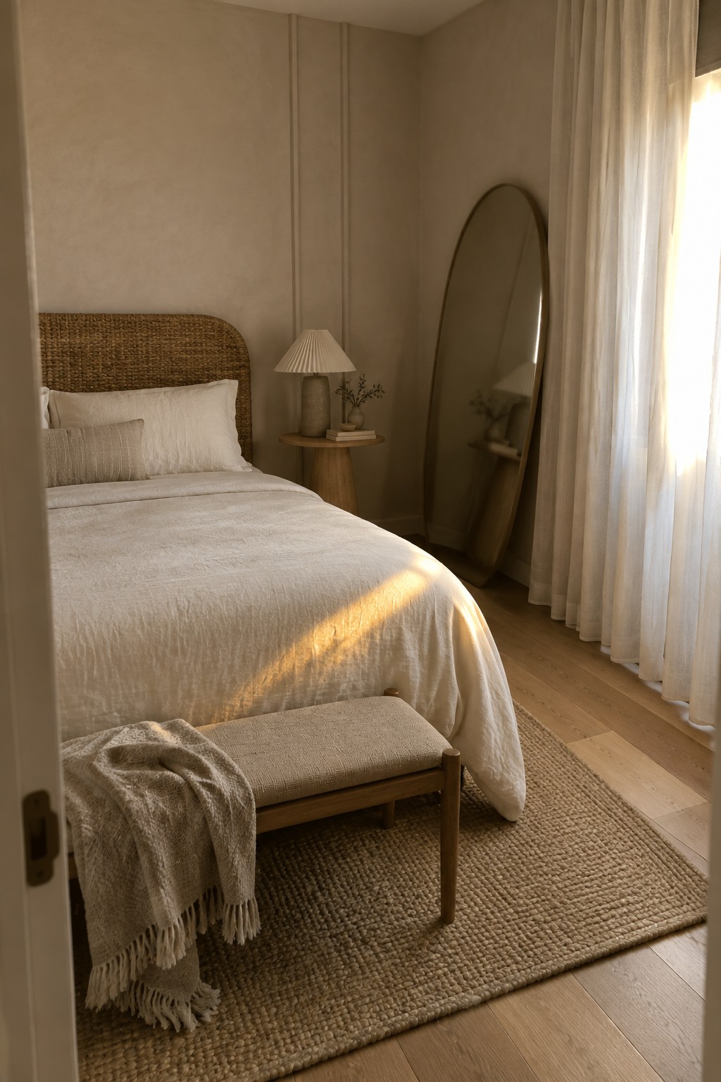 A neutral bedroom with a bed dressed in white linens, a tall oval mirror leaning against the wall, and sheer white curtains allowing sunlight to stream across the floor.
