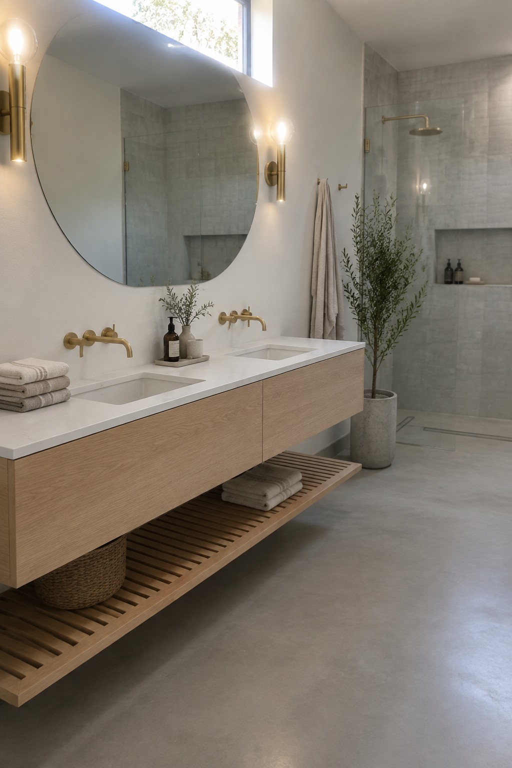 A modern bathroom with a long floating light wood vanity holding two sinks, a round mirror above it, and an open slatted wooden shelf below with folded towels and a woven basket.