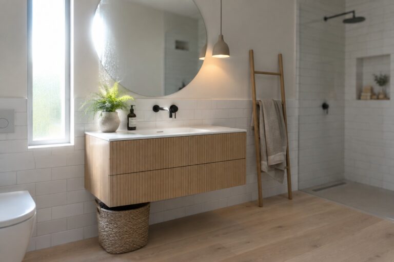 20 Minimalist Bathroom Ideas Built Around Floating Vanities Modern bathroom with fluted floating wood vanity, round mirror, and pendant light