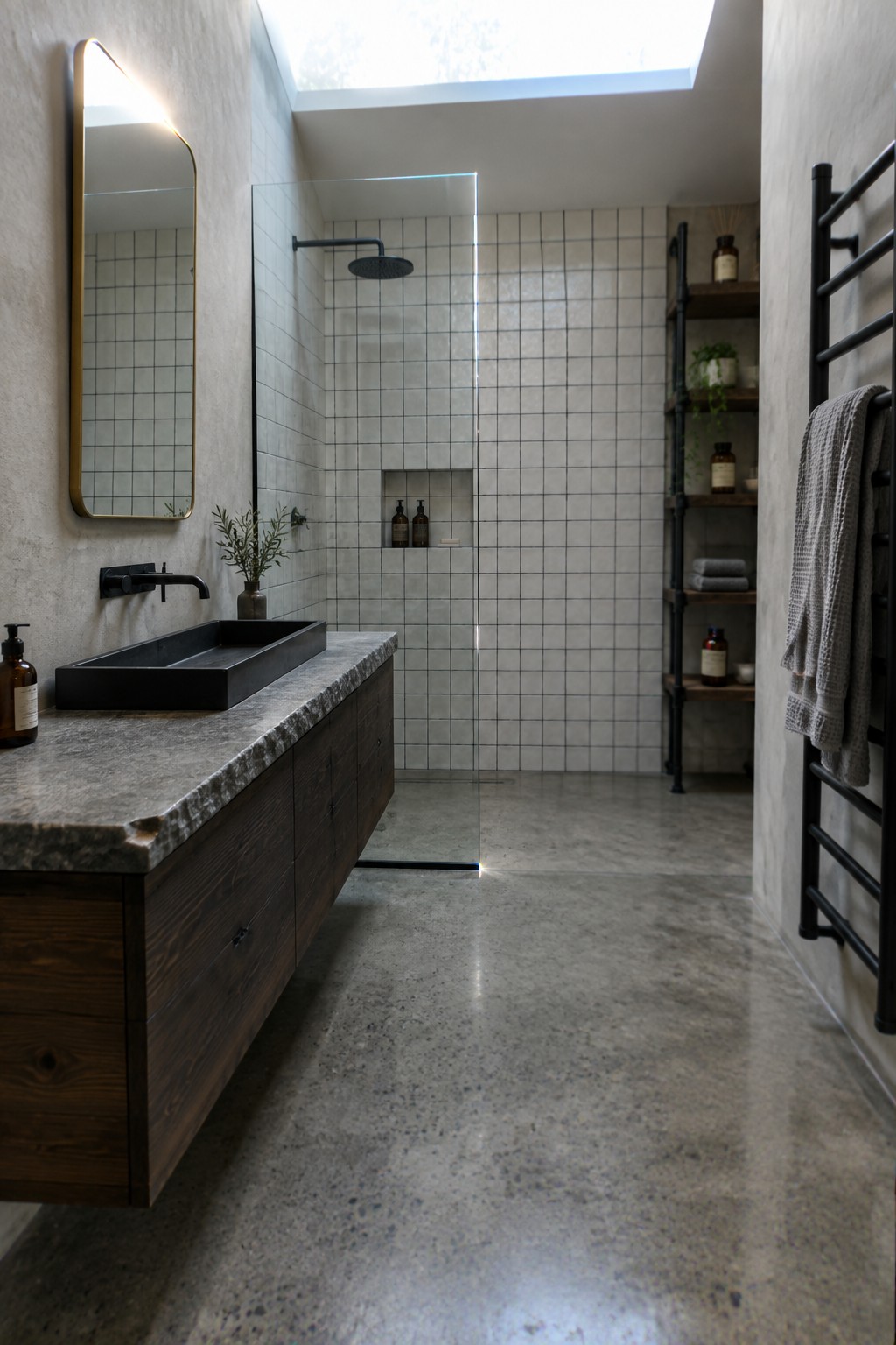 A minimalist bathroom featuring a wall-mounted dark wood vanity with a black sink, concrete floor, glass shower enclosure, and gray tile walls.
