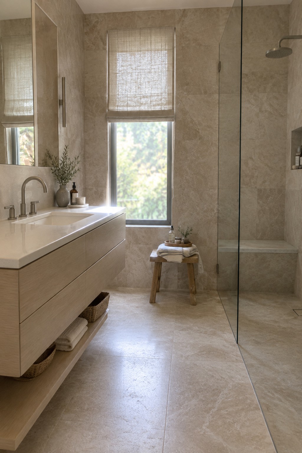 A minimalist bathroom with a floating light wood vanity, white countertop, large window with rolled shade, and a glass-enclosed shower area with beige stone tiles.