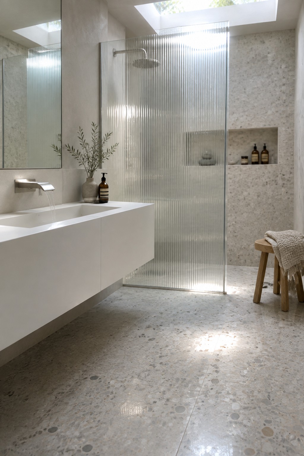 Modern minimalist bathroom with floating white sink, fluted glass shower, and terrazzo floor
